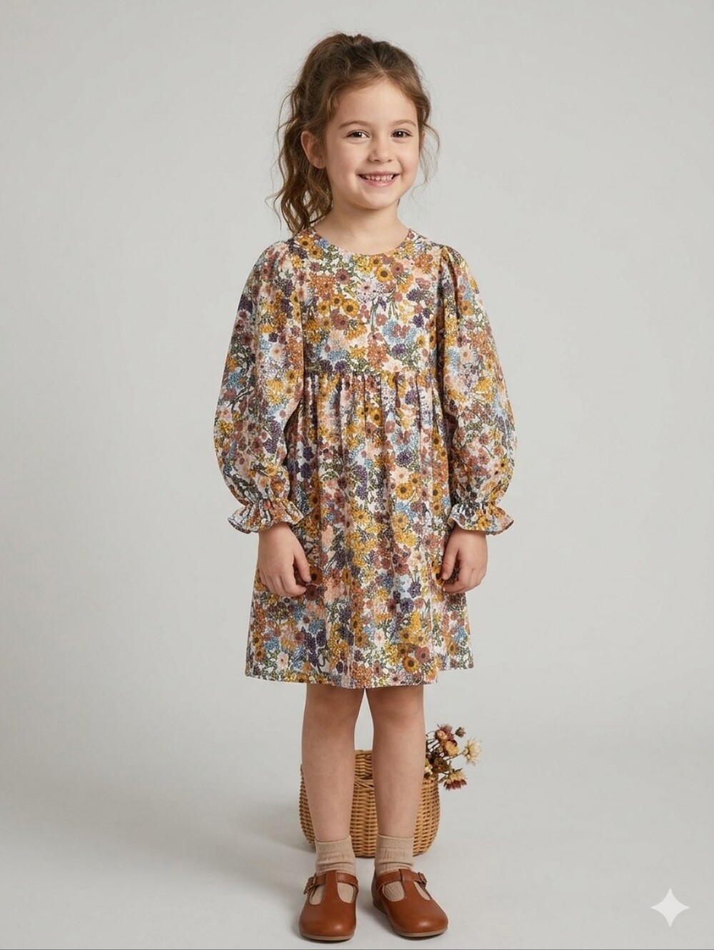 Bonnie Jean Floral Puff-Sleeve Dress in Yellow, Brown, Blue and Pink